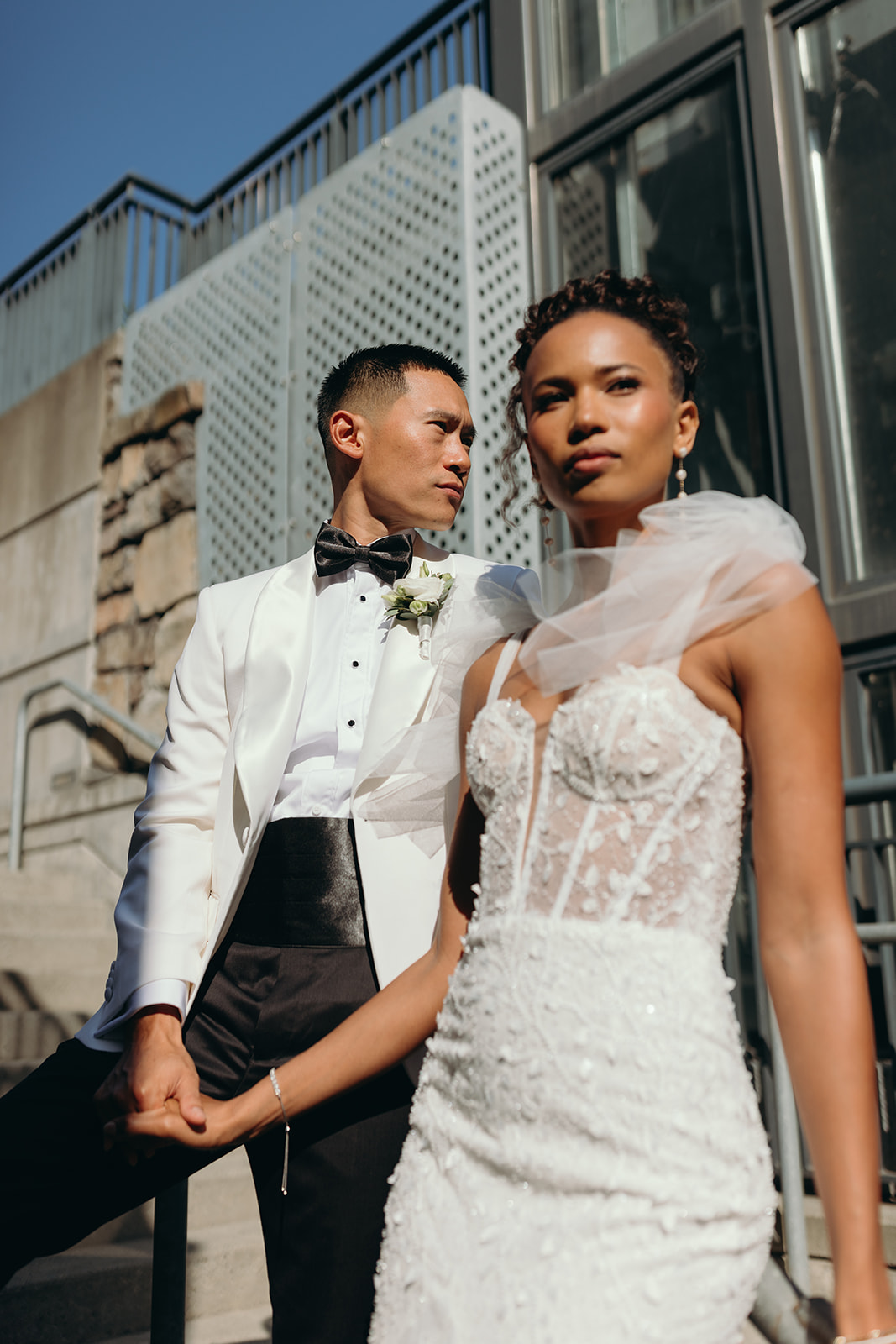 Chic, editorial wedding photo of couple at the Polygon Gallery.